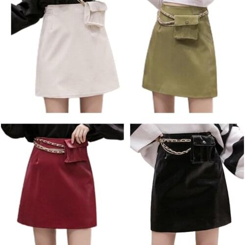 Women High Waist Faux Leather A-Line Skirt with Metal Chain Bag Solid Streetwear