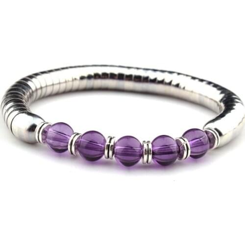 FYJS Unique Jewelry Stainless Steel with Natural Purple Amethysts Stone Round Beads Bracelet