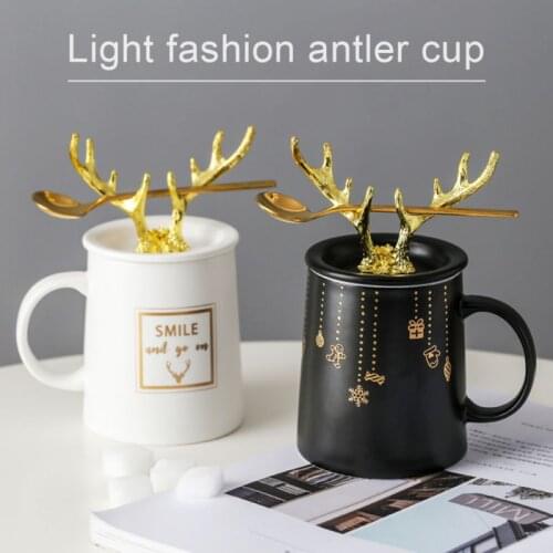 Ceramics Antlers Cute Concise Pattern Cup Coffee Office With Cover & Spoon Mugs Breakfast Cup Gift