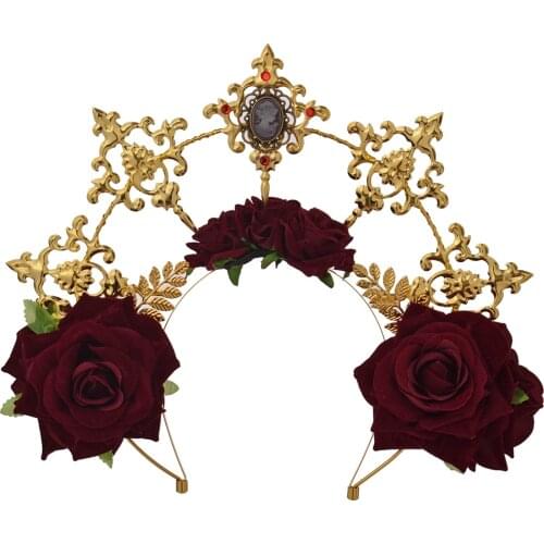Lolita Sun Godmothers Crown Headwear KC Gothic Red Rose Virgin Mary Baroque Tiara Hair Accessories