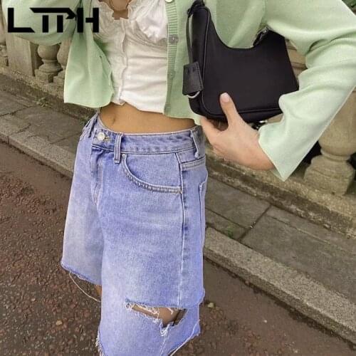LTPH vintage burrs hole denim shorts women do old washed high waist knee length jeans bottoms 2021 autumn new
