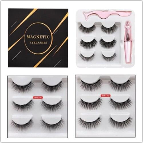New Arrival 3 Pairs Magnetic Eyelashes with Eyeliner Tweezers False lashes Makeup Set No glue Natural 5 Magnets Kit Custom Label
