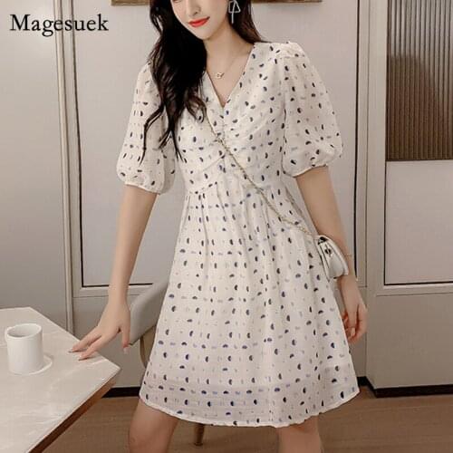Fashion Short Sleeve Print Dress 2021 V-neck Lantern Sleeve Summer Dress Women New Sweet Knee Length Casual Dresses Robe 14087