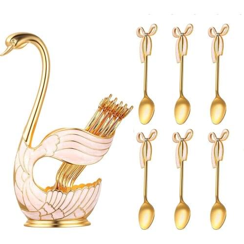 Luxury Metal Coffee Dessert Spoon Set Swan Base Holder With 6pcs Ice Cream Spoons Forks Teaspoons Dessert Sugar Salad Flatware