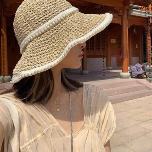 New Spring Summer Hats For Women Flower Beads Wide Brimmed Jazz Panama Hat Sun Visor Beach Hat Flower Pearl Straw Hat