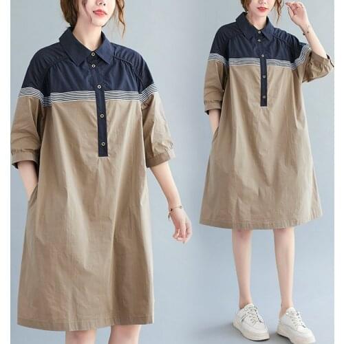 Japanese Style Polo Collar Patchwork Sweet Girls Fashion Blouse Dress Cotton Loose Women Summer Dress Travel Casual Dress
