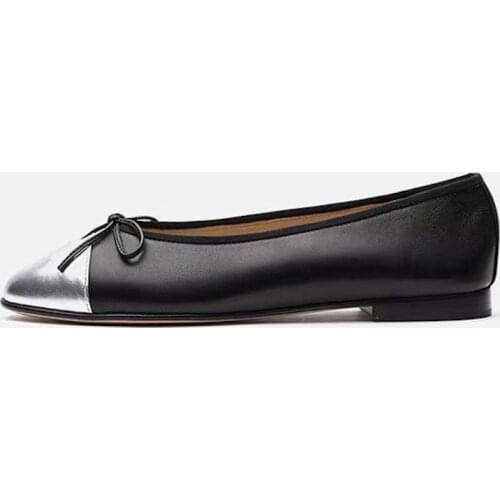 New Womens Ballet Flats Genuine Leather Loafers Bling Silver Round Toe Glossy Women hoes Ballerina Ladies Shoes Large Size 42