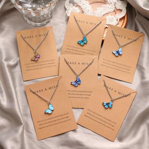 Cute Fashion Blue Butterfly Choker Necklace Women Pendant Neck Chain Friendship Wish Card Jewelry Collier Girls Party Gifts