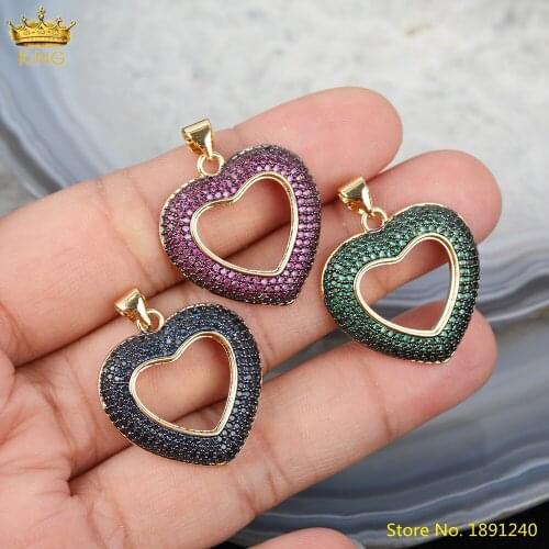 5pcs Purple Blue Green Zirconia Micro Paved Heart Shape Pendant Necklace, Cubic Zircon Gold Heart Charms For DIY Jewelry Making