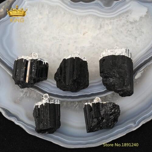 5pcs Large Black Tourmaline Pendants Healing Necklace,Plated Silvery Caps Raw Tourmaline Chunky Charms Pendant For DIY Jewelry
