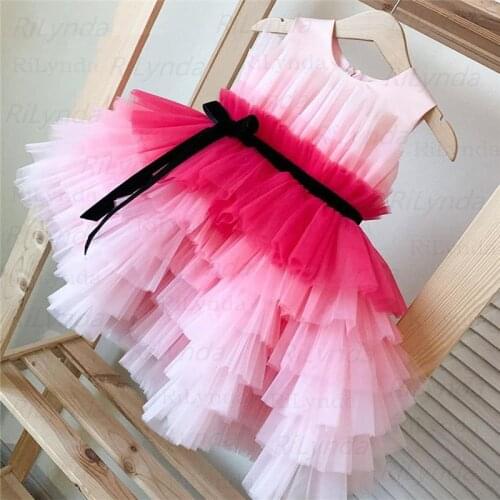 Puffy Layers Flower Girl Dresses Satin Bow Kids Princess Dress Bow Shoulder Kids First Communion Dresses Christmas Party