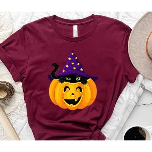 Halloween Black Cat Kitten Pumpkin Halloween Witch Funny Shirt Party Scary Ghost Mama Top Tees O Neck Cotton Mother Casual Shirt