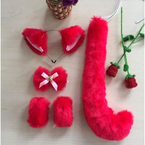 Women Lady Fox Cat Girls Plush Headband Neckwear Wristband Tail Set Housekeeper Maid Dress Props Party Cosplay Costume Halloween