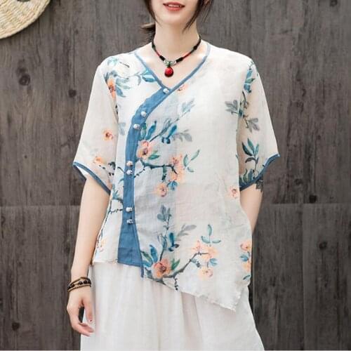 Summer New Cotton Linen Chinese Style Shirt for Women White Embroidery Retro Loose Han Fu Traditional Blouse Top and pants
