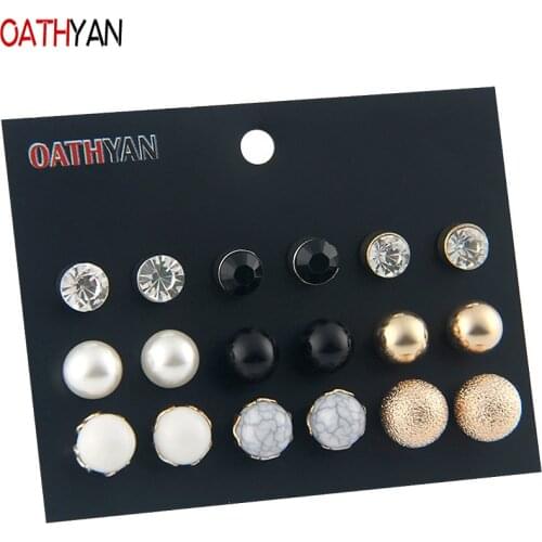OATHYAN 9 Pairs/Set Trendy Acrylic Beads Simulated Pearl Stud Earrings Set For Women Ball Black Crystal Earring Girl Gift Brinco