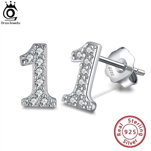 ORSA JEWELS Creative Number Stud Earrings for Women Casual 925 Sterling Silver Earrings Jewelry With Clear Zirconia Gifts OSE324