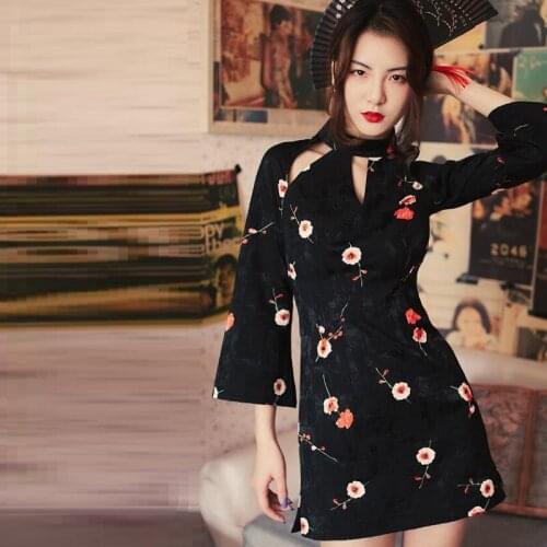 Reformation Modern Chinese Cheongsam Qipao Women Blace Plum Blossom Print Shanghai Tang Clothes Spring Summer 2019 Derss TA1439