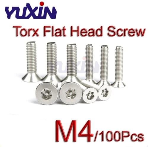 100Pcs ISO14581 GB2673 M4 304 Stainless Steel A2-70 Torx Countersunk Screw Six-Lobe Flat Head Machine Security Screws