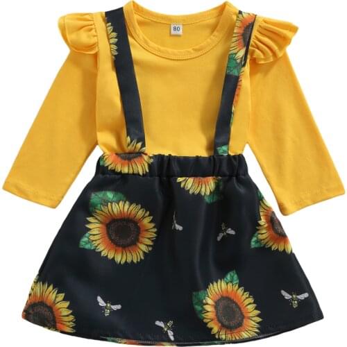 2021 1-6Y Fall Baby Girl Clothing Long Sleeve Ruffle Shoulder Yellow Solid T-shirt+Sunflower Flower Pattern Suspender Skirt 2pcs