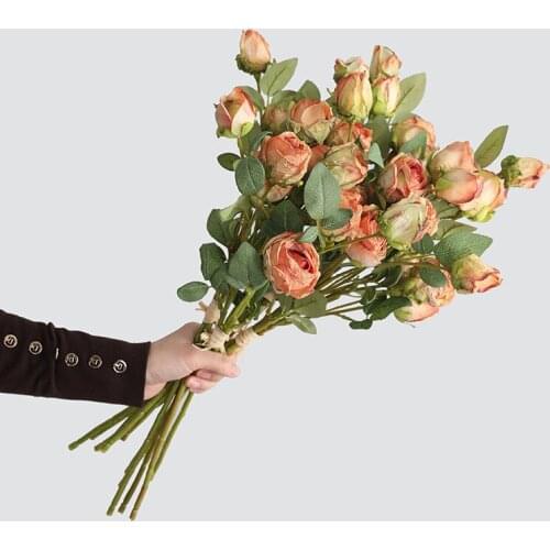 3branch/lot Distressed Cream Rose Artificial Flower Bouquet for Home Floral Arrangement Wedding Layout Decoration