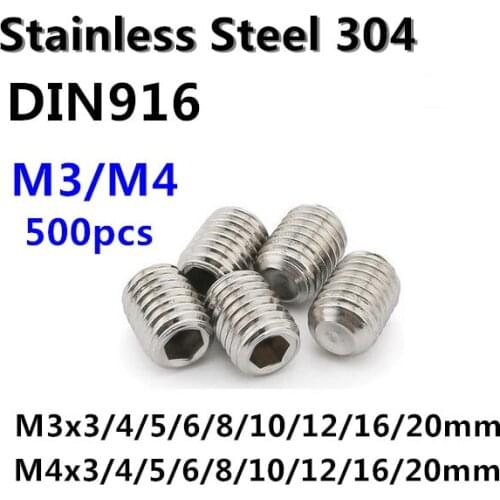 500pcs/lot DIN916 M3 M4 Stainless Steel Grub Screw M3*3/4/5/6/8/10/12/16/20mm Hex Socket Set Screw M4*3/4/5/6/8/10/12/16/20/25mm