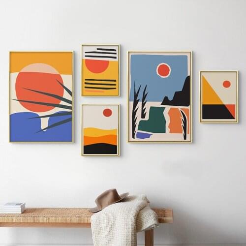 Abstract Geometric Sunrise Sunset Print Landscape Poster Canvas Painting Wall Art Pictures for Interior Living Room Home Decor