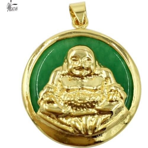 Free Shipping Women Fashion Jewelry 25x7mm Green Jad Buddha Round Pendant Bead 1pcs C6853