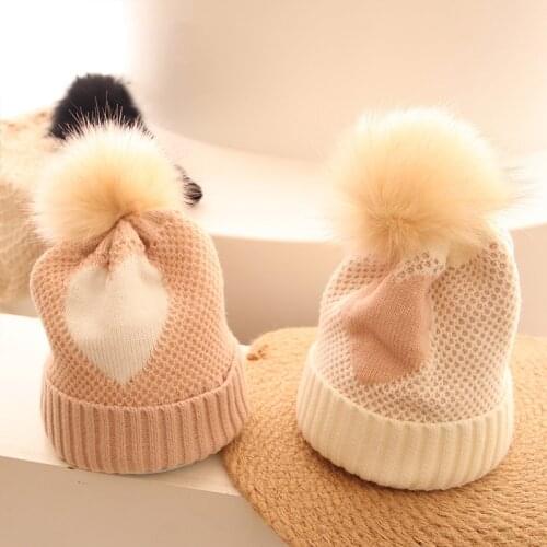 Autumn Winter Baby Hat Big Pompom Kids Girl Boy Beanie Cap Heart Crochet Warm Children Toddler Bonnet Hat Kids Accessories