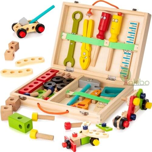Kids Wooden Toolbox Pretend Play Set Educational Montessori Toys Nut Disassembly Screw Assembly Simulation Repair Carpenter Tool