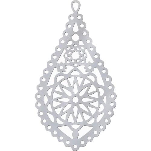 2 Pcs Filigree Stainless Steel Charm Pendants Teardrop Silver Color Flower Hollow Carved 30mm(1 1/8") x 16mm( 5/8")