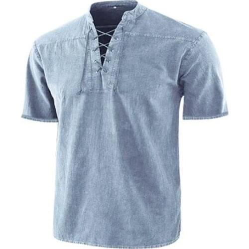 New Fashion Oversize T Shirt For Men Short Sleeve Vintage Solid Tshirt Eaby Medieval Lace-Up V Neck Loose Casual Top Men Tshirt