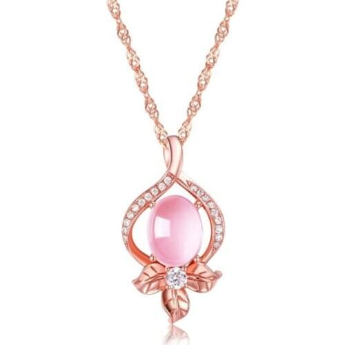 FYJS Unique Rose Gold Color Leaf Oval Rose Pink Quartz Pendant with Cubic Zirconia Necklace Link Chain Jewelry
