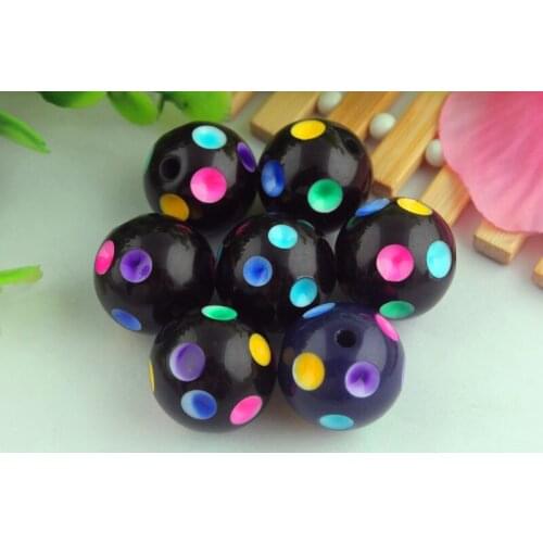 Kwoi vita 50pcs/lot 20mm black rainbow polka dot beads,acrylic round gumball chunky beads for chunky necklaces making