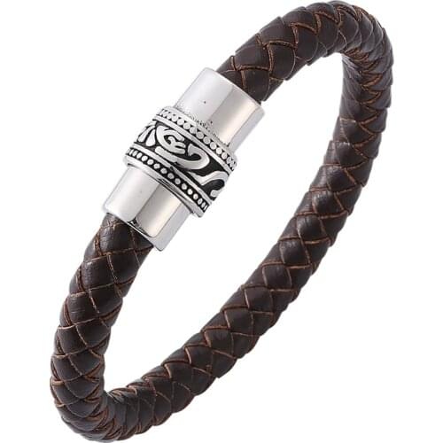 Trendy Bracelet Jewelry Brown Woven Leather Male Bracelet Vintage S.Steel Magnetic Buckle Casual Leather Wristband PD0157
