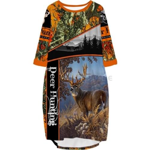 New Fashion Hunting 3D Print Long Deer Pocket Loose Casual Robe Summer Dress Traf For Women V10