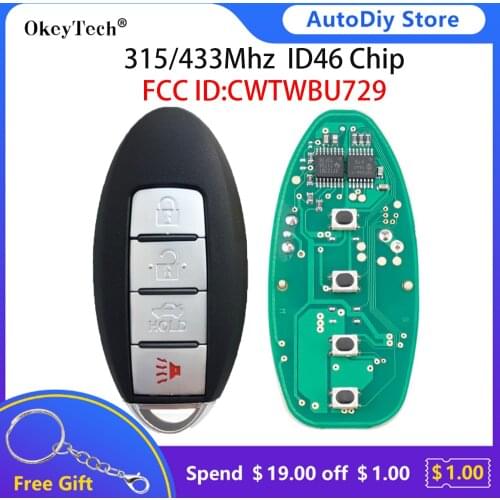Okeytech 4 Button Smart Card Remote Car Key Fob for Nissan Tiida Qashqai Teana Xtrail Cube Juke Xterra CWTWBU729 315/433Mhz ID46