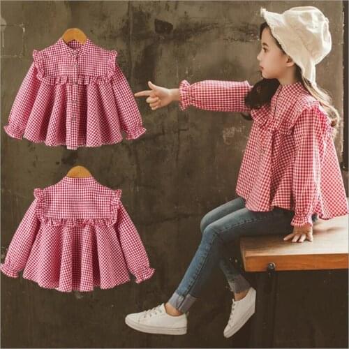 Fall shirt school girls plaid blouse cotton plaid long sleeve kids lace shirt for toddler girls shirt clothing children blouse