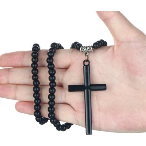 Vintage Cross Pendant Necklace Adjustable Stone Beads Chain Necklace for Women Men Black Leather Rope Religious Jewelry