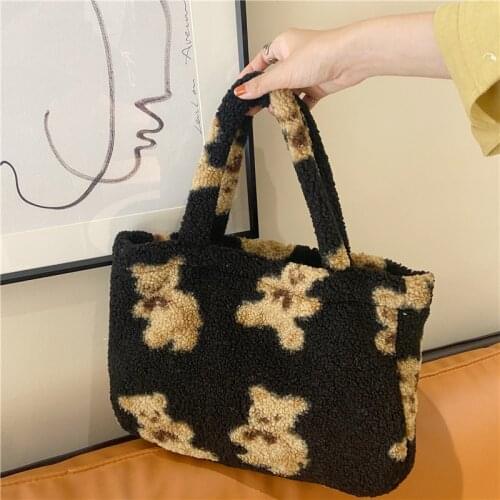 Plush Bear Handbag Warm Lamb Like Fabric Underarm Bag Small Canvas Tote Soft Fluffy Cloth Shoulder Bags Cute Purses for Girls