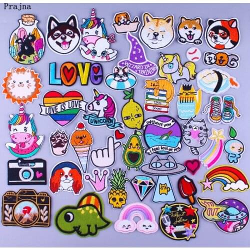 Prajna Cartoon Unicorn Cat Dog Animal Embroidered Patches For Clothing DIY Cute Dinosaur Iron On Patches Badges On Kids Clothes