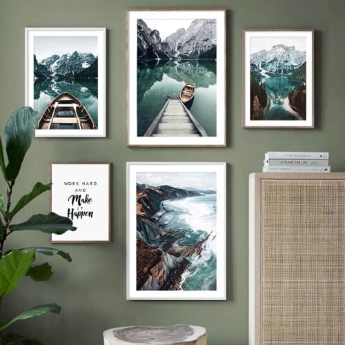 Nature Mountain Landscape Scandinavian Poster Nordic Lake Boat Canvas Painting Wall Art Print Picture Modern Living Room Decor