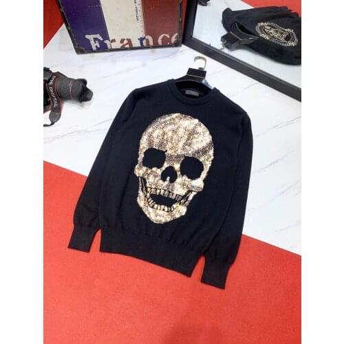Brand 3D Oversized Pullover Rhinestone Shiny Street Skull Slim Mens and Women Sweater Winter Round Neck
