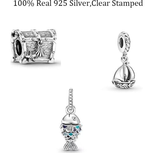 100% Real 925 Sterling Silver Treasure Box Charm Sailboat Dangles Fish Beads Fits Original Bracelets Bangles Jewelry DIY Making