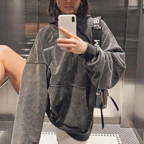 Sweatshirt Women Oversize Korean Style Letter Print Thin Pocket Sweatshirts Harajuku Simple All-match 90s Aesthetic Streetwear