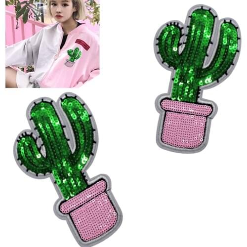 Embroidery green cactus sequins patch of iron on clothing Cute pink fruit applique sew on DIY T shirt & bag embroidered patches