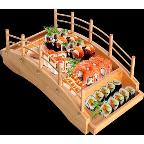 Japanese wooden wood Cuisine Sushi Bridge Boats Pine Creative Sushi Sashimi plate Platter Sushi Tableware Decoration Ornament