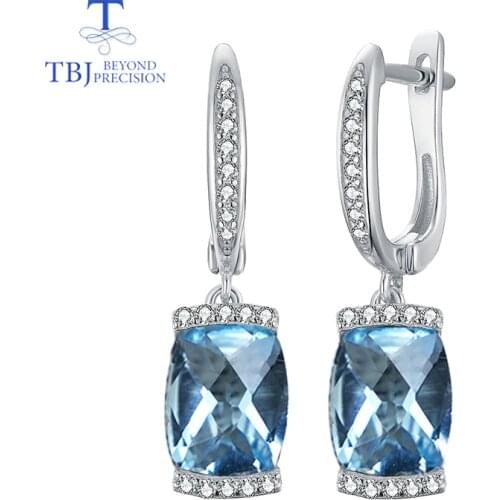 TBJ, natural sky blue topaz 4.8ct real gemstone checkerboard cut clasp earring 925 sterling silver fine jewelry for women
