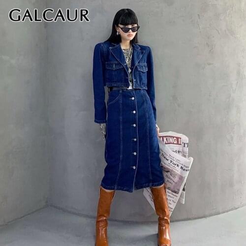 GALCAUR Denim Vintage Two Piece Sets Womens Lapel Collar Long Sleeve Tops High Waist Straight Midi Skirts Female Suits Clothing