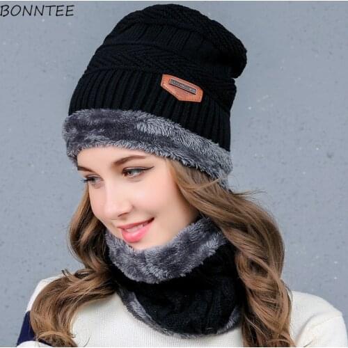 Scarf and Hat Set Women Solid Simple Trendy Knitted Plus Velvet Wool Warm Hats Korean Style Womens Soft Thick Warm Ring Scarfs