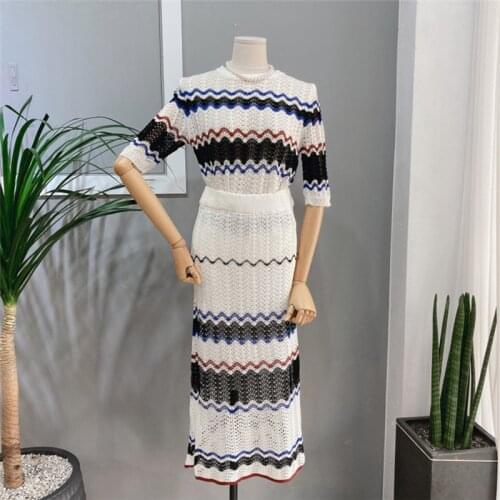 2021 Summer Fashion 2 Piece Sets Womens Korean Thin Ice Silk Wave Stripe Slim-fit Sweater+Skirt Two-piece Suit Women